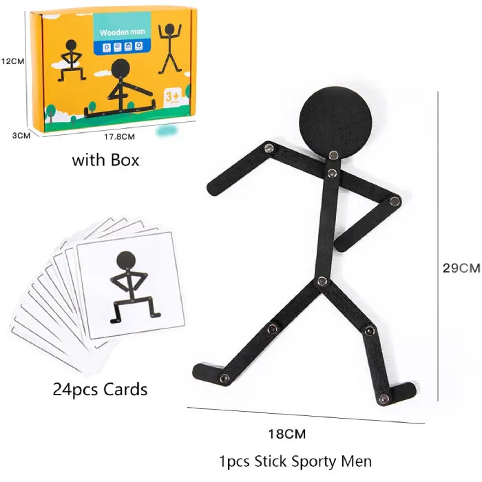 Black adjustable stick figure toy with 24 activity cards, dimensions of 29 cm tall and 18 cm wide, and an orange storage box labeled "Wooden Men."