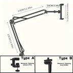  Adjustable Tablet Holder arm length and clamp types shown with maximum reach and device holder sizes.