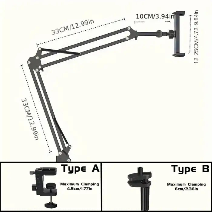  Adjustable Tablet Holder arm length and clamp types shown with maximum reach and device holder sizes.