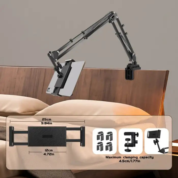 Adjustable Tablet Holder mounted on wooden bed frame for hands-free tablet viewing with clamp details shown.