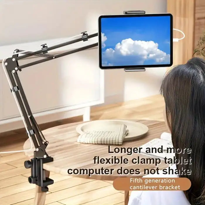  Adjustable Tablet Holder mounted on desk showing flexible fifth-generation cantilever bracket in use.