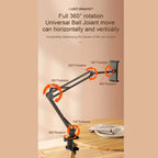 Adjustable Tablet Holder featuring 360° rotation with foldable joints for full horizontal and vertical movement.