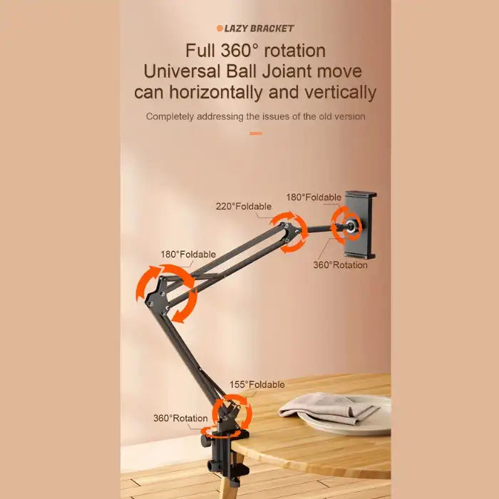 Adjustable Tablet Holder featuring 360° rotation with foldable joints for full horizontal and vertical movement.