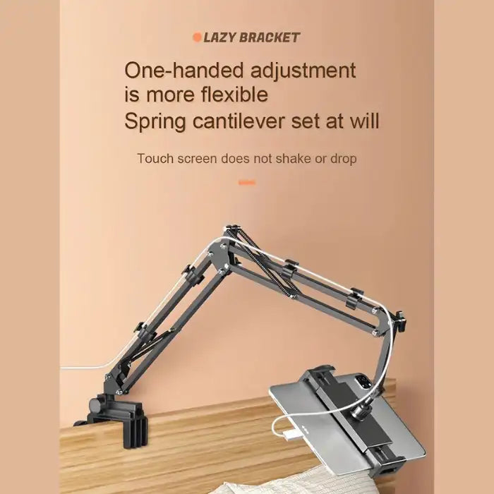 Adjustable Tablet Holder with spring-loaded cantilever for one-handed operation above bed surface.