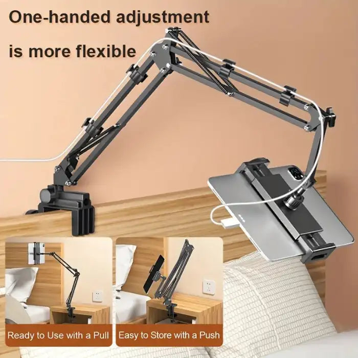  Adjustable Tablet Holder with flexible arm allowing one-handed adjustment above bed setup.