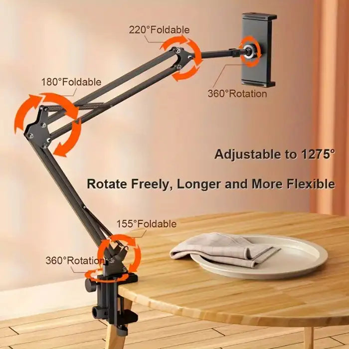  Adjustable Tablet Holder with 360° rotation and foldable joints shown clamped to round wooden table.