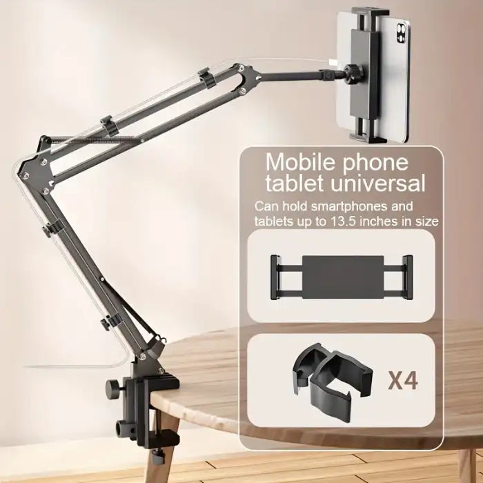  Adjustable Tablet Holder fits mobile phones and tablets up to 13.5 inches, includes extra clamps.