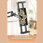 Adjustable Tablet Holder with bidirectional spring gear system designed to securely lock all devices.