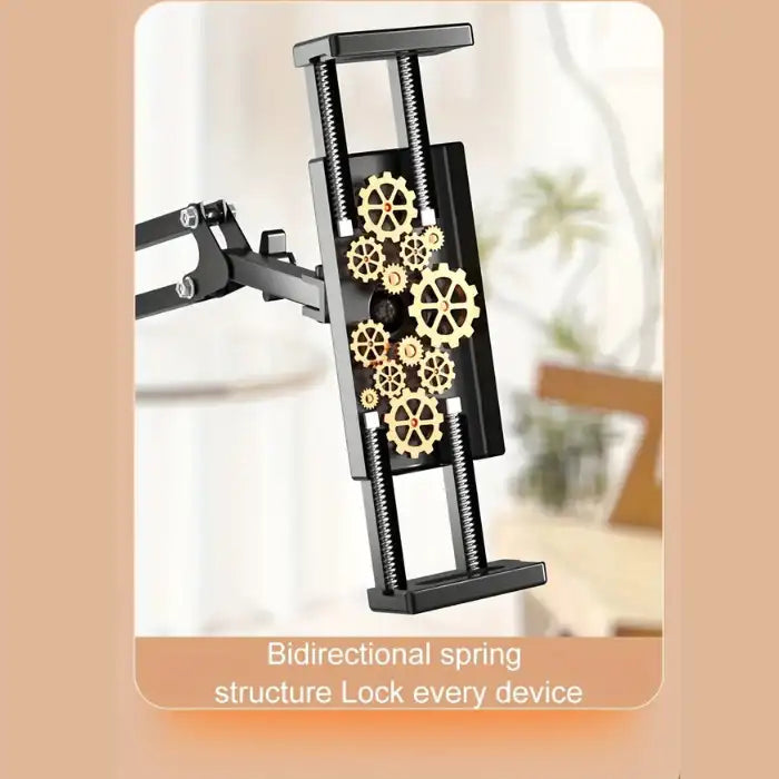 Adjustable Tablet Holder with bidirectional spring gear system designed to securely lock all devices.