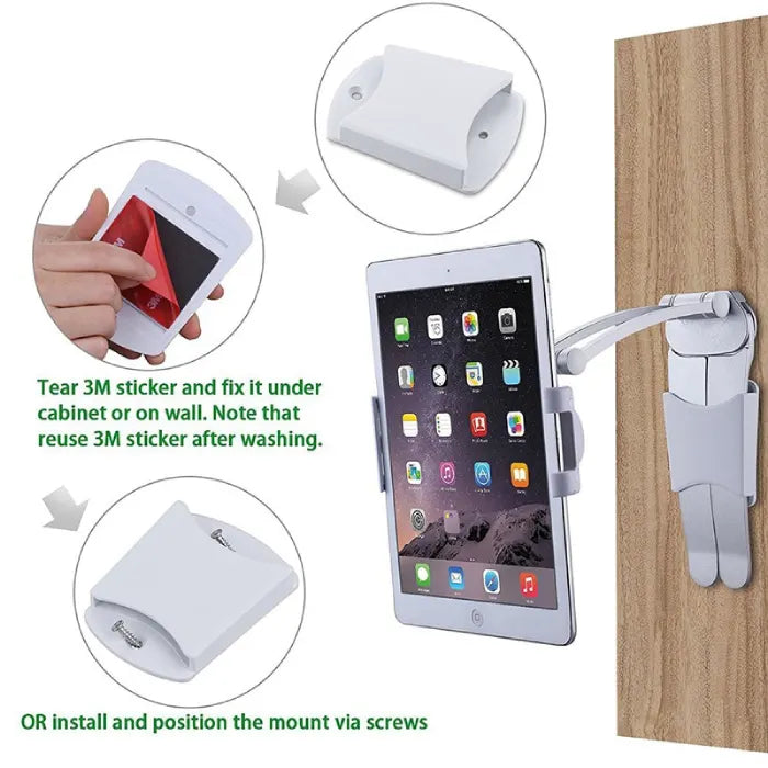 Adjustable tablet stand showing 3M adhesive and screw mounting options for under-cabinet or wall installation with secure device support