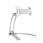 Adjustable tablet stand in white with extendable holder and dual-arm design providing stable hands-free viewing for tablets and phones