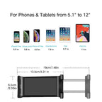 Adjustable tablet stand compatibility guide showing supported phone and tablet sizes from five to twelve inches with extendable holder