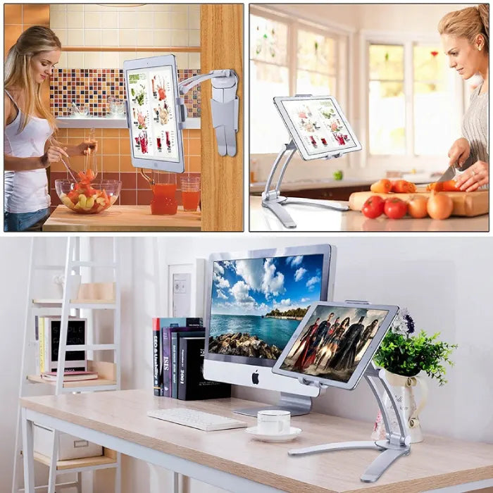 Adjustable tablet stand used in kitchen and office setups for hands-free viewing, cooking recipes, and comfortable device positioning