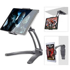 Adjustable tablet stand shown in desk and wall-mount configurations supporting horizontal and vertical viewing for movies or reading content