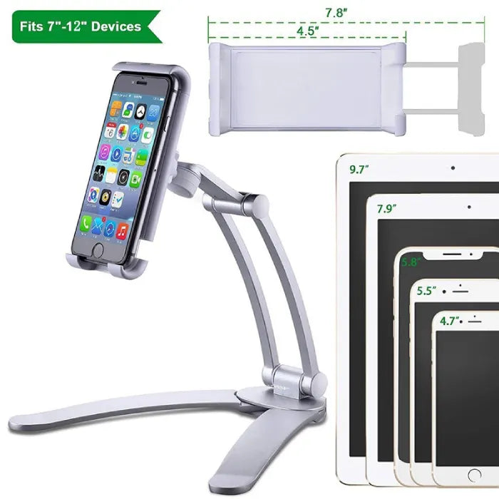 Adjustable tablet stand compatible with phones and tablets from seven to twelve inches offering secure grip and flexible viewing angles