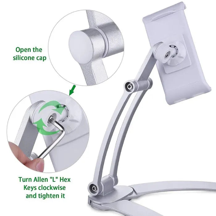 Adjustable tablet stand showing silicone cap and hex key tightening system to secure joints and maintain stable multi-angle positioning
