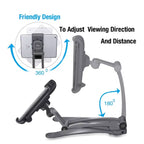 Adjustable tablet stand demonstrating 360-degree rotation and 180-degree folding angles for comfort, ergonomic viewing, and device positioning