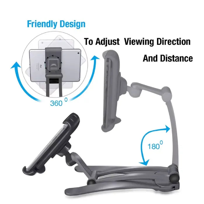 Adjustable tablet stand demonstrating 360-degree rotation and 180-degree folding angles for comfort, ergonomic viewing, and device positioning