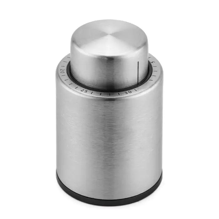 Adjustable stainless steel vacuum wine stopper with built-in timer for freshness tracking.