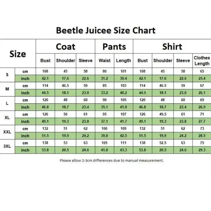 Adult Beetlejuice Costume size chart with coat, pants, and shirt measurements in cm and inches