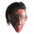 Adult full head scary Halloween mask with burnt skin design and black hair.