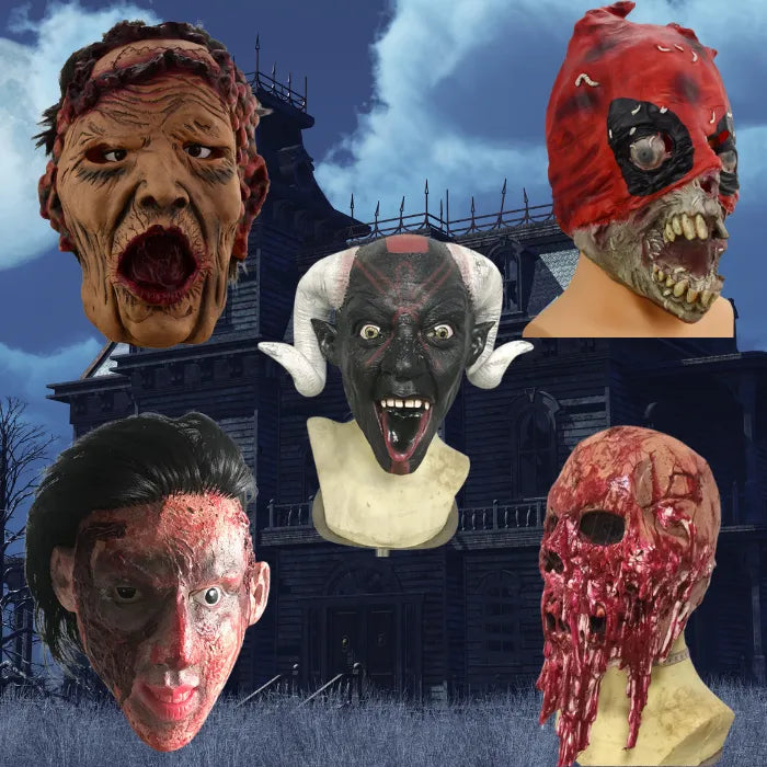 Collection of adult full head scary Halloween masks including demon, zombie, and skull designs.
