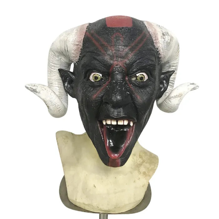 Adult full head scary Halloween mask with black demon face and white horns.