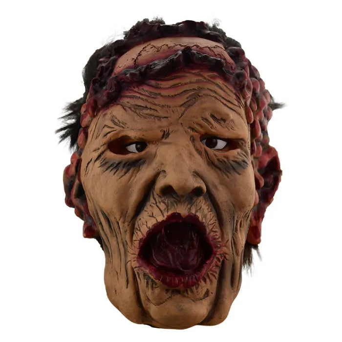 Adult full head scary Halloween mask of wrinkled old woman with open mouth.
