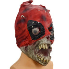 Adult full head scary Halloween mask with red hood and decayed zombie face.