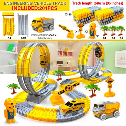 201-piece engineering track set with extended tracks, multiple loops, and detailed accessories.