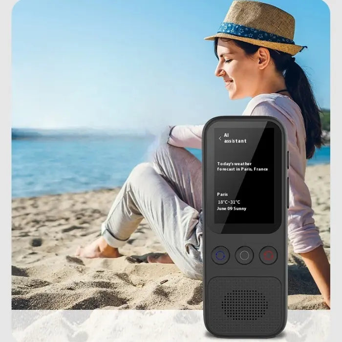 AI assistant interface showing weather forecast and various function icons next to woman on beach