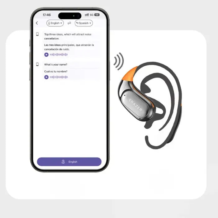 AI-powered translation headset with Bluetooth connectivity and mobile app for easy pairing and control.