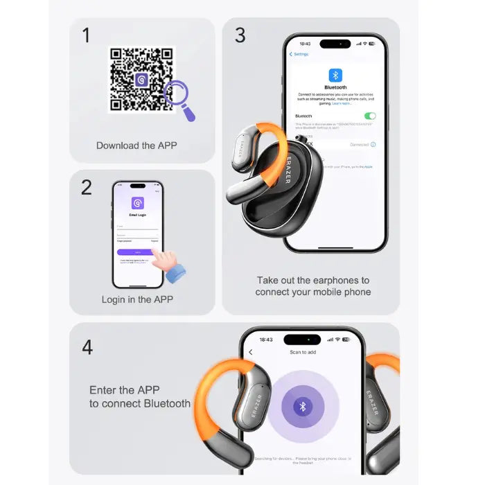 AI-powered translation headset with simple Bluetooth setup via mobile app for quick and seamless connectivity.