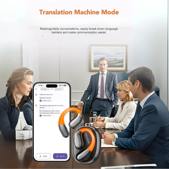 AI-powered translation headset with machine translation mode for business meetings and global communication.