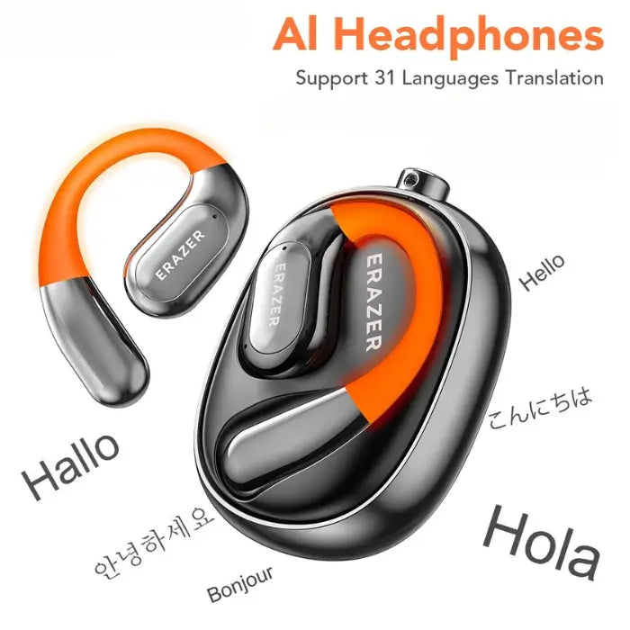 AI-powered translation headset with 31-language translation support, featuring ergonomic design and smart features.