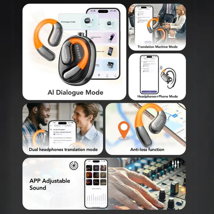 AI-powered translation headset featuring AI dialogue, translation machine, phone mode, and anti-loss function.