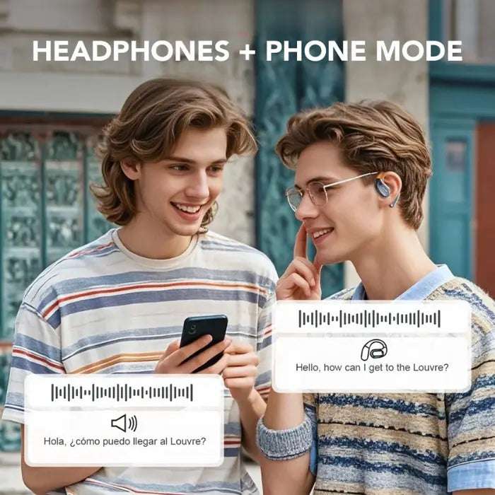 AI-powered translation headset with phone mode for real-time multilingual conversations and instant translations.
