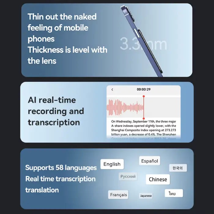 AI transcription recorder supporting real-time transcription and translation in 58 global languages.