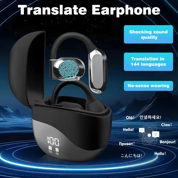 : Black AI translator earbuds shown with translation and touch control features against a tech-themed background
