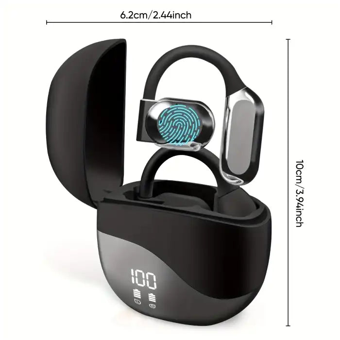 AI translator earbuds with case shown with size dimensions of 10cm by 6.2cm for compact portability