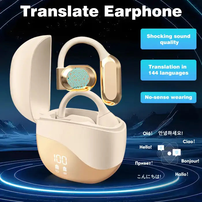 Gold AI translator earbuds displayed with touch control and translation capabilities for 144 languages