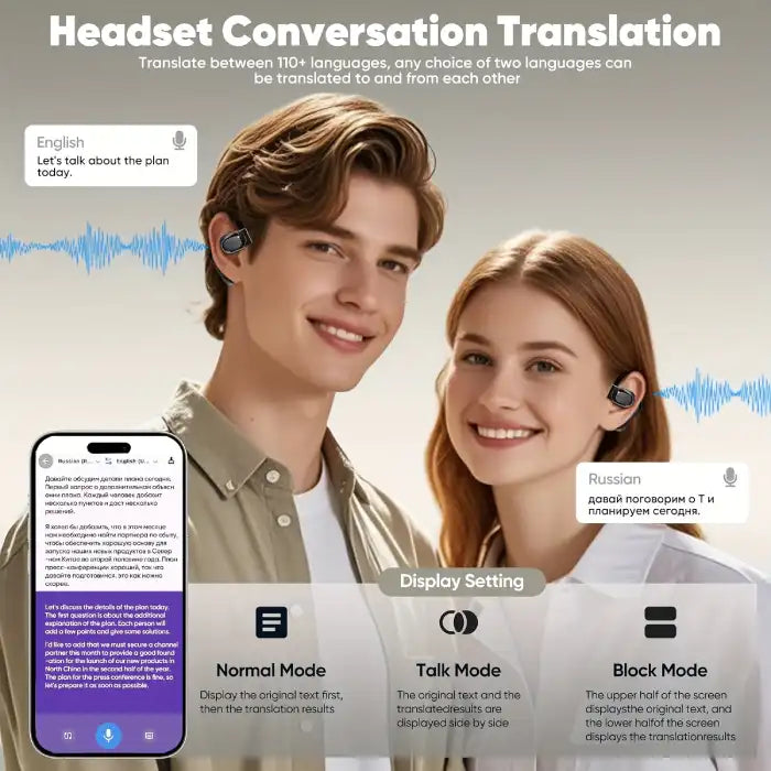 AI translator earbuds used for real-time conversation translation with language text displayed on screen