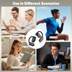 AI translator earbuds used in travel, study, sports, and reading situations for hands-free translation