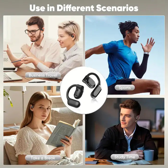 AI translator earbuds used in travel, study, sports, and reading situations for hands-free translation