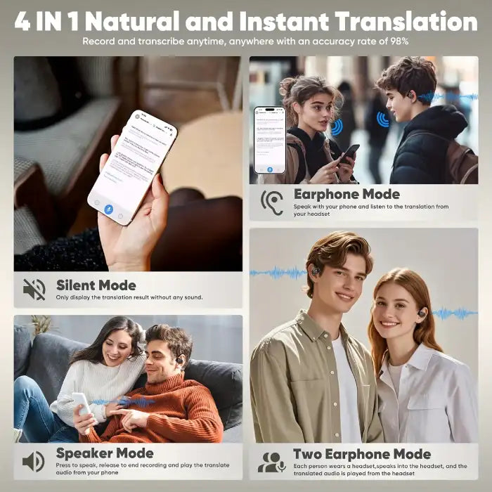 AI translator earbuds showing 4-in-1 translation modes including earphone, speaker, silent, and dual modes