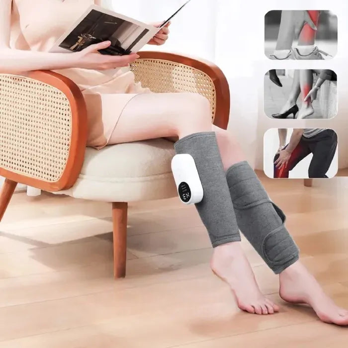  Portable leg compression massager with digital control shown on person reading in rattan accent chair for pain relief