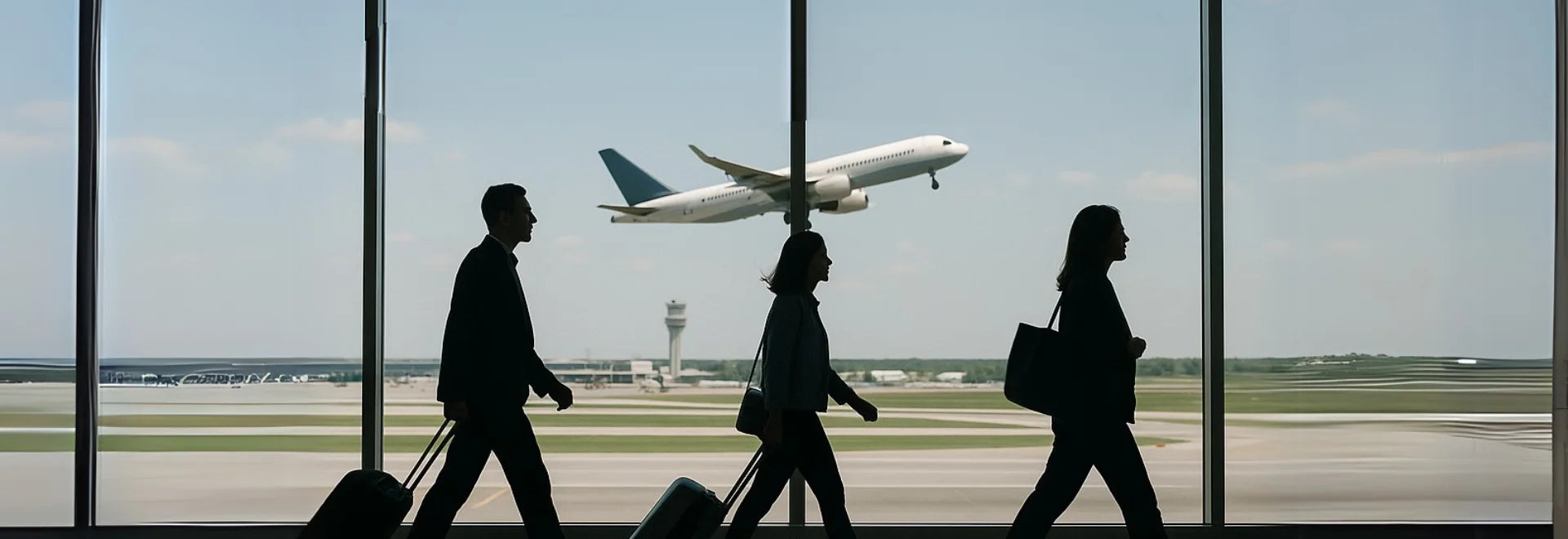 Travel trip vacation airport scene with people walking and plane flying, promoting travel gadget essentials.