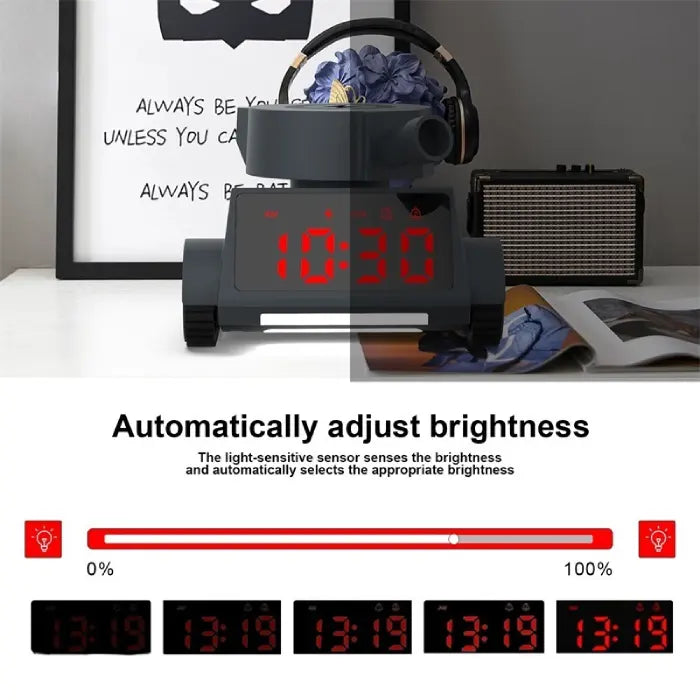 Alarm clock with light sensor that adjusts screen brightness based on room lighting.