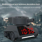 Multifunction alarm clock in tank design with night light and double alarm features.