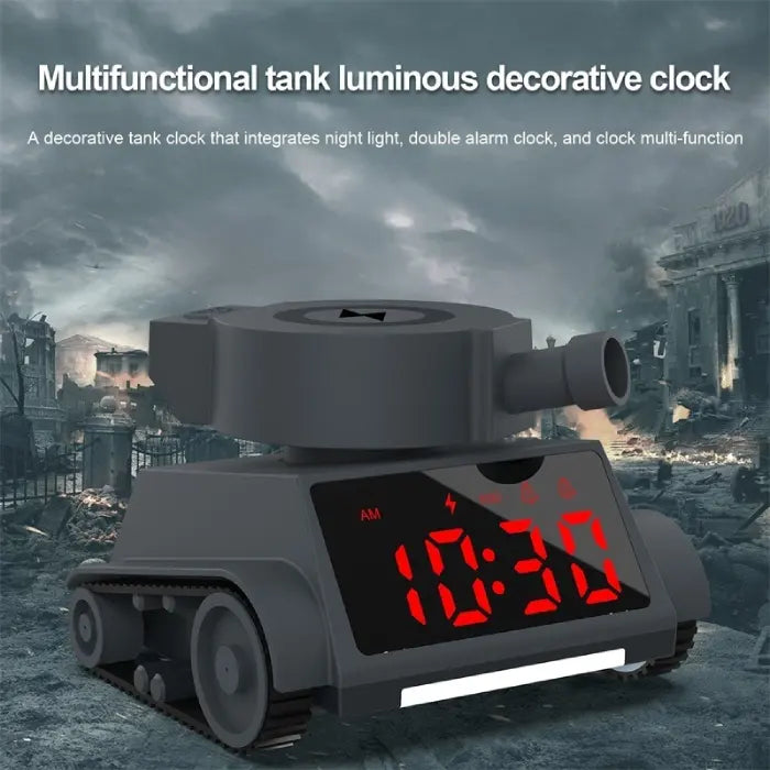 Multifunction alarm clock in tank design with night light and double alarm features.